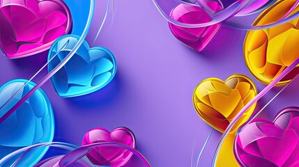 Wall Mural - violet background with 3d colorful hearts. Generative AI