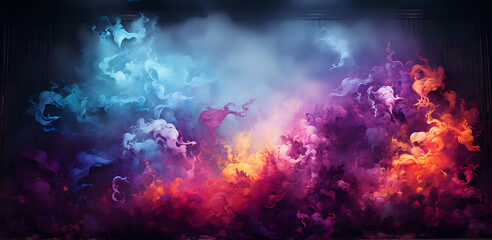 Poster - Vivid Spectrum Smoke Art on Dark Stage Backdrop. Dynamic swirls of multicolored smoke against a dark stage setting, perfect for vibrant background graphics and creative design projects.