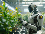 Fototapeta Uliczki - A business revolution in a factory where robots nurture plants blending the lines between technology work and nature