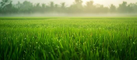 Poster - Tranquil scenery of lush green field with glistening water droplets in the morning light