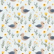 Repeating Pattern With Ducks And Grass, Nature Pattern, Nature, Pattern With Ducks, Background For Design, Blue Ducks And Yellow Flowers 