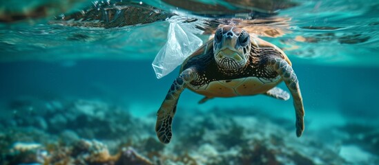 Wall Mural - Endangered turtle swimming in the ocean struggling with plastic pollution