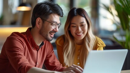 a cybersecurity expert helping out a woman client with on a laptop, both happy on a office background