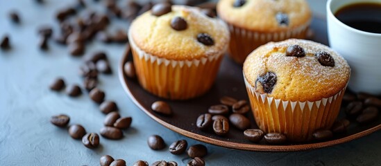 Poster - Delicious homemade chocolate chip muffins served with a hot cup of coffee on a rustic plate