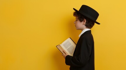 Young Hassidic orthodox boy with sidelocks praying holding prayer book over face yellow background