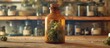 Glass bottle of organic cannabis oil extract on wooden surface with copy space for natural alternative medicine concept
