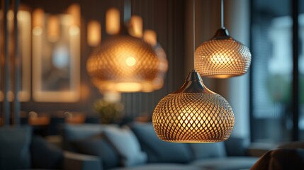 Canvas Print - A group of three hanging lights in a room with couches, AI