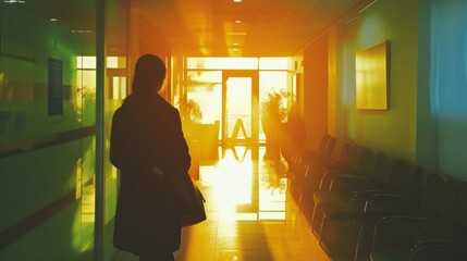 Canvas Print - A woman standing in a hallway with the sun shining through, AI