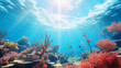 Sunlight shining through warm clear water, illuminating exotic underwater landscape with colorful coral riffs. Tropical marine nature. Clean ocean with healthy ecosystem.