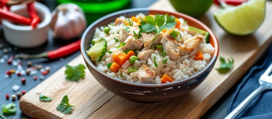 Canvas Print - Delicious bowl of rice with tender chicken and colorful fresh vegetables, perfect for a healthy meal