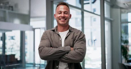 Wall Mural - Face, smile and arms crossed with man designer in office for start of career in startup agency or design studio. Portrait, creative business and artistic with happy young employee in workplace