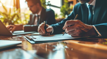 Wall Mural - Two business people sitting at a table with a laptop and pen. Generative AI.