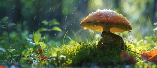 Wall Mural - A mushroom from the Agaricaceae family is nestled among the grass in a natural landscape, enjoying the rainwater on its terrestrial plant body.