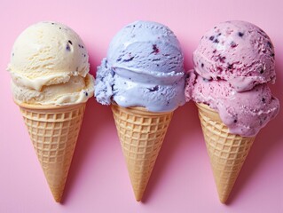 Poster - Three ice cream cones with different flavors on a pink background. Generative AI.