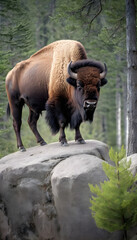 Wall Mural - A formidable Bison standing on a rock surrounded by trees and vegetation. Splendid nature concept.