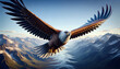 An image of an eagle in flight, focusing on its outstretched wings and determined expression on its face against the backdrop of distant mountains. The image is rendered in an ultra-realistic style, i
