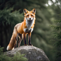 Wall Mural - A formidable Fox standing on a rock surrounded by trees and vegetation. Splendid nature concept.