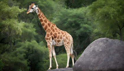 Wall Mural - A formidable Giraffe standing on a rock surrounded by trees and vegetation. Splendid nature concept.