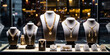golden jewelry store window fashion accessories display with mix of metallic and crystal necklaces, bracelets, and earrings.