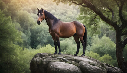 Poster - A formidable Horse standing on a rock surrounded by trees and vegetation. Splendid nature concept.