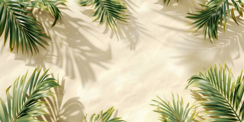 Wall Mural - Top view sand beach with tropical palm tree leaves, Summer holiday vacation concept