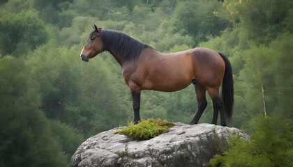 Poster - A formidable Horse standing on a rock surrounded by trees and vegetation. Splendid nature concept.