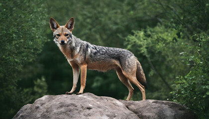 Wall Mural - A formidable Jackal standing on a rock surrounded by trees and vegetation. Splendid nature concept.