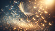 Golden-hued dandelion seed in mid-air with bokeh background