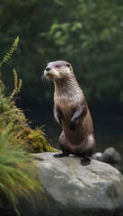 Wall Mural - A formidable Otter standing on a rock surrounded by trees and vegetation. Splendid nature concept.