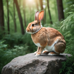 Wall Mural - A formidable Rabbit standing on a rock surrounded by trees and vegetation. Splendid nature concept.