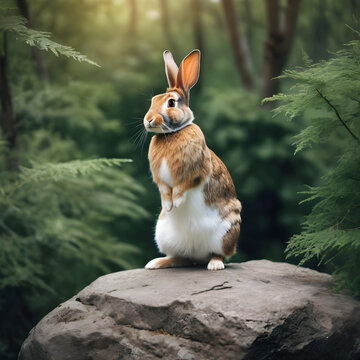 A formidable Rabbit standing on a rock surrounded by trees and vegetation. Splendid nature concept.