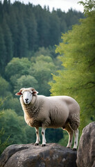 Poster - A formidable Sheep standing on a rock surrounded by trees and vegetation. Splendid nature concept.