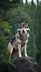 Wall Mural - A formidable Wolf standing on a rock surrounded by trees and vegetation. Splendid nature concept.