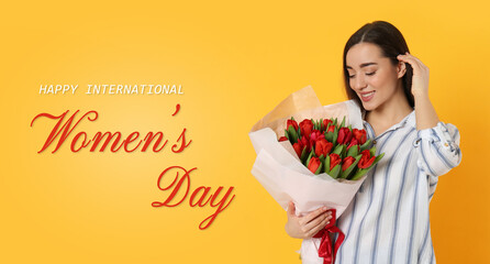 Poster - Happy Women's Day, Charming lady holding bouquet of beautiful flowers on golden background