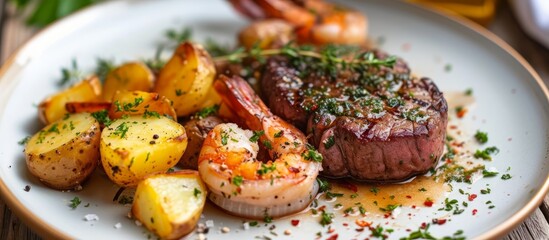 Wall Mural - Delicious plate of grilled meat, roasted potatoes, and seasoned shrimp with fresh herbs and spices for gourmet dining experience
