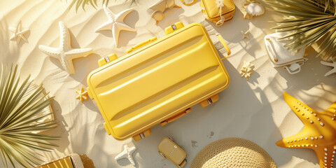 Wall Mural - Top view suitcase on the sand beach, flat lay minimal summer holiday vacation concept