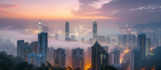 Poster - Impressive urban landscape with towering skyscrapers and modern city architecture
