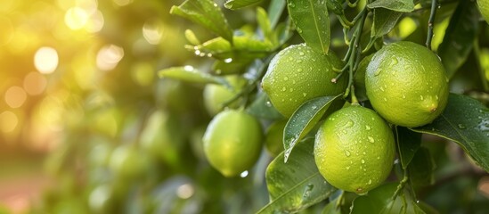 Sticker - Ripe green limes hanging from a citrus tree in a vibrant orchard garden on a sunny day