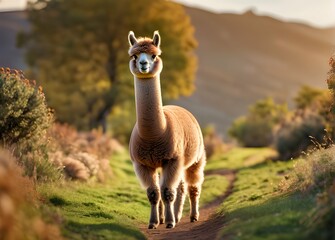 Wall Mural - Alpaca has  long neck nature background