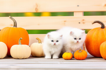 2 cute white fluffy kittens with pumpkins in wooden fruit crate