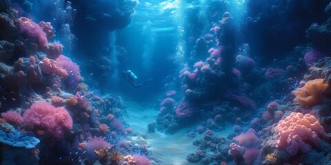 Wall Mural - A diver is swimming through a coral reef filled with colorful fish, AI