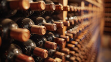 Rows Of Wine Bottles In Wooden Rack Cellar