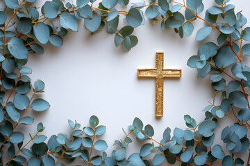 Wall Mural - Golden christian cross with green leaves on white background. Happy Easter holiday. Christian awakening life symbol. Religious concept. Design for banner, greeting card, poster, invitation