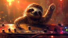 A sloth is dancing on a dj mixer with lights, AI