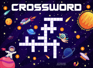 Poster - Crossword quiz game grid. Galaxy space planets and ufo, stars and astronaut, starship and alien. Vector word search puzzle worksheet for kids with comet, cosmonaut, sun and constellation, word task