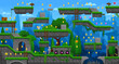 Arcade abandoned ancient city ruins game level map interface. Golden coins, stone platforms and stairs, gems and traps, statues, green trees and grass. Keys, monuments and treasures at antique town