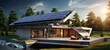 Eco-friendly house design ideas on the roof with solar panels, renewable electricity, environmentally friendly