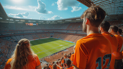 supporters of the Dutch football team in a football stadium on a sunny day, supporters of the Netherlands in a stadium, fans at a soccer game, EK or world cup concept