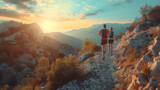 Fototapeta  - Young people trail running on a mountain path. Two runners working out in the morning at sunrise in nature
