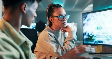 Poster - Video game, developer or communication or coding by computer screen or collaboration on futuristic technology. Man, woman or teaching with typing on gaming programming or learning in office at night